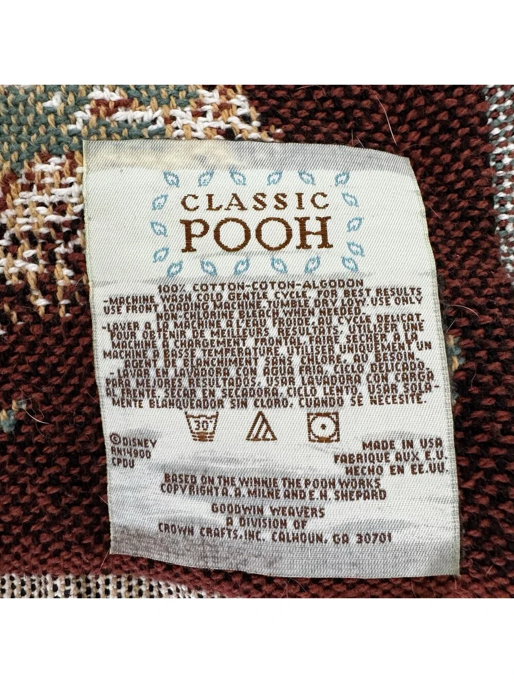 VTG Disney Classic Pooh Woven Tapestry Fringe Blanket Winnie the Pooh Hunny Pots